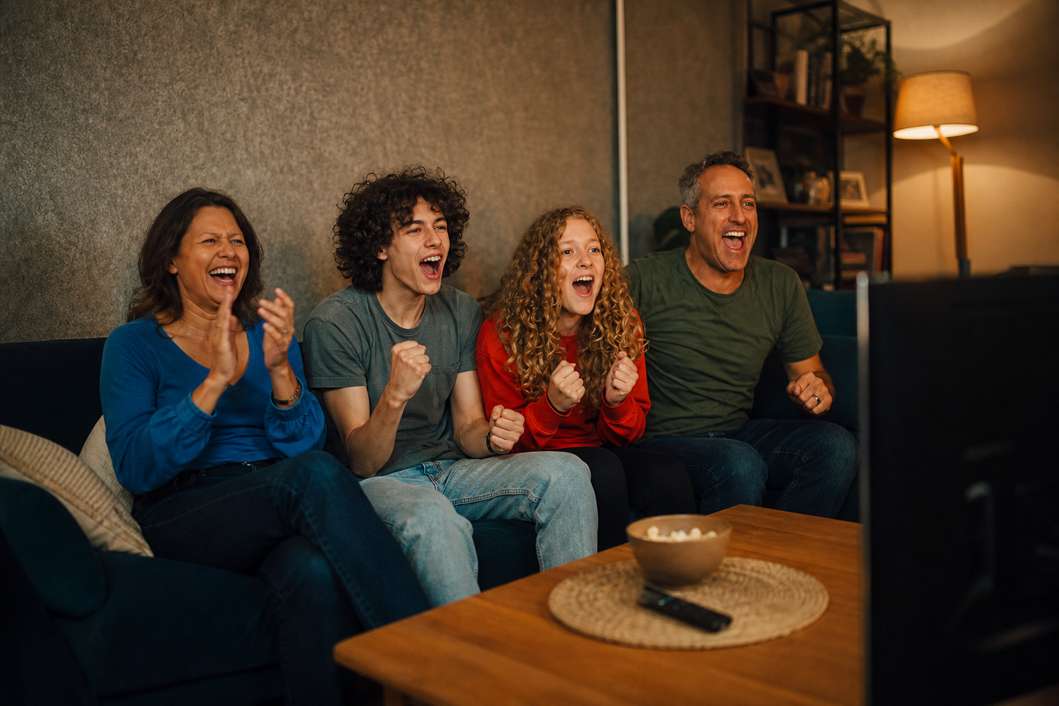 Familie sitzt gemeinsam auf dem Sofa und schaut begeistert fern &ndash; gemeinsames TV-Erlebnis