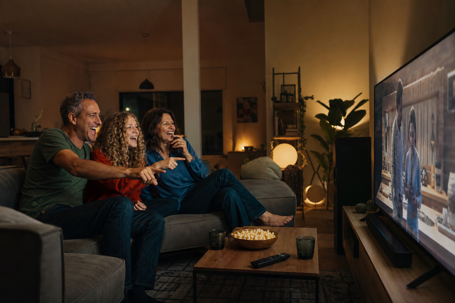 Familie schaut gemeinsam Streaming-Inhalte auf dem Fernseher im Wohnzimmer
